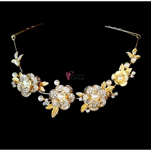 Tiara Ti003 aurie pentru mirese cu crystale si perle